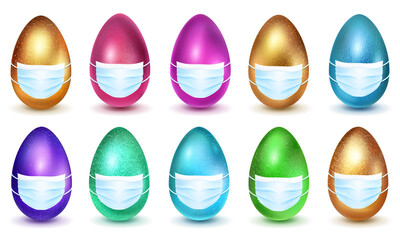 Set of realistic Easter eggs in various colors with different surface texture, in medical masks on white background