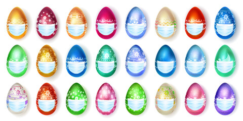 Set of realistic Easter eggs in various colors with holiday symbols in medical masks on white background