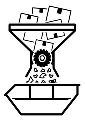 ngi1148 NewGraphicIcon ngi - german - Rücksendung - Zerstörung / Industrie Schredder . container - english - retoure / new product destruction / industrial shredder icon. xxl g10366