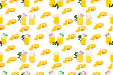 Seamless Pattern Orange juice and green leaves isolated on a white background.A glass of orange juice. Healthy food. Vegan food