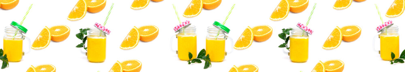 Fototapeta premium Banner Orange juice and green leaves isolated on a white background.A glass of orange juice. Healthy food. Vegan food