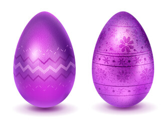 Two realistic Easter eggs with different surface texture, patterns and holiday symbols in purple colors. With shadows on white background