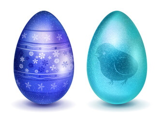 Two realistic Easter eggs with different surface texture, patterns and holiday symbols in blue and light blue colors. With shadows on white background