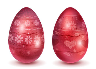 Two realistic Easter eggs with different surface texture, patterns and holiday symbols in red colors. With shadows on white background