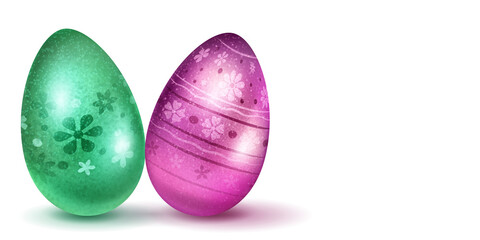 Two realistic Easter eggs with different surface texture, patterns and holiday symbols in purple and green colors. With shadows on white background