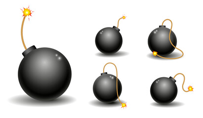 set of realistic dynamite with burning wick or realistic bomb firecrackers or red bomb  fireworks with burning fuse. eps 10 vector, easy to modify