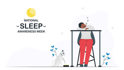 National Sleep Awareness Week. Woman put her head down on table for a long time. Vector illustration in flat style. This graphic is isolated on white background. 14 to 20 March, 2021.