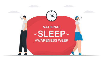 Man and woman is asleep for a long time. National Sleep Awareness Week. Vector illustration in flat style. This graphic is isolated on white background. 14 to 20 March, 2021.