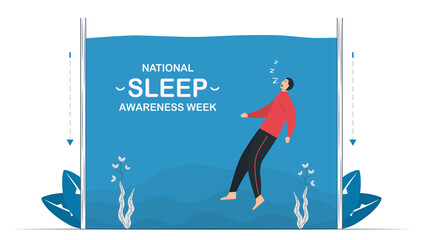 Man is in deep for a long time. National Sleep Awareness Week. Vector illustration in flat style. This graphic is isolated on white background. 14 to 20 March, 2021.