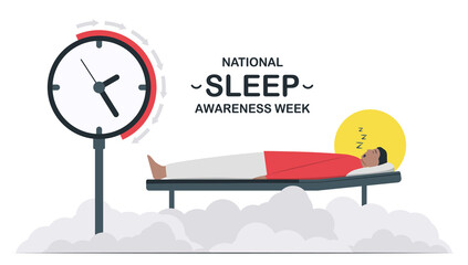 National Sleep Awareness Week. Man is in deep dream. Vector illustration in flat style. This graphic is isolated on white background. 14 to 20 March, 2021.