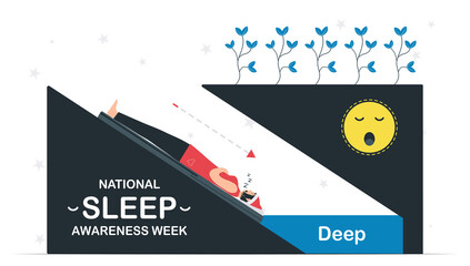 National Sleep Awareness Week. Woman is in deep dream. Vector illustration in flat style. This graphic is isolated on white background. 14 to 20 March, 2021.