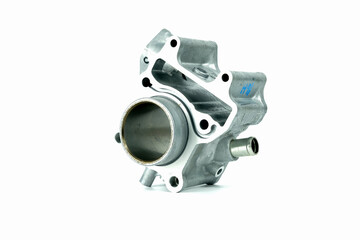 Motorcycle engine cylinder block isolated on white background.