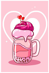 Valentine's Day ice cream soda with candy cartoon illustration