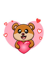Happy and cute baby bear hugging a big heart cartoon illustration