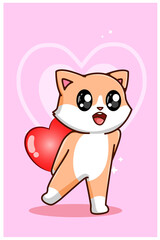 A cute cat holding a big heart on valentines day cartoon illustration