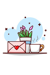 Love letter, ornamental plant and tea cartoon illustration