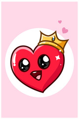 A cute and happy heart wearing a crown cartoon illustration
