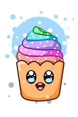 A cute and happy cupcake rainbow cartoon illustration