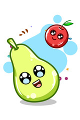 A cute and happy pear and cherry cartoon illustration