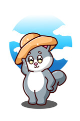 A cute cat with summer hat cartoon illustration
