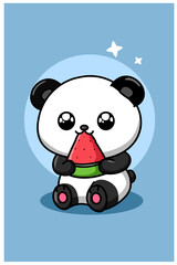 Cute panda eating watermelon animal cartoon illustration