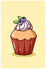 Sweet cupcake with blueberries cartoon illustration