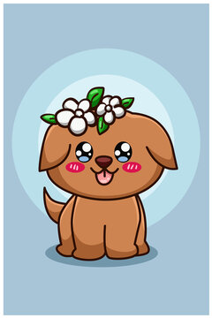 Cute and happy dog with crown flower cartoon illustration