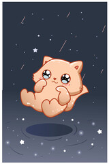 Cute and happy cat in night sky cartoon illustration