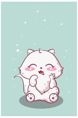 Cute and happy little white cat cartoon illustration