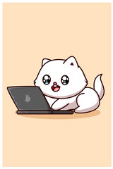 Cute and happy little cat with laptop cartoon illustration