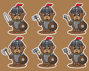 Cute Character Cartoon of Bear Knight with shield. Good for icon, logo, label, sticker, clipart.