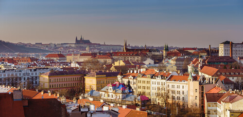Fototapeta na wymiar View of Prague Castle and St. Vitus Cathedral and the roofs of buildings in Prague at sunset
