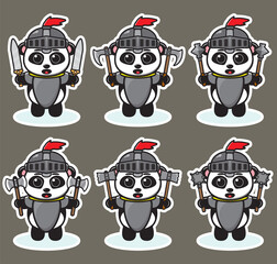 Vector illustration of cute Panda Knight cartoon with dual weapon. Cute Panda expression character design bundle. Good for icon, logo, label, sticker, clipart.