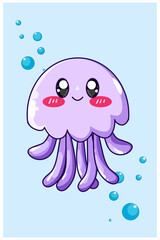 Happy and funny purple jellyfish cartoon illustration