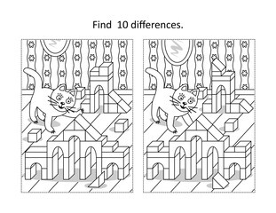 Find 10 differences visual puzzle and coloring page with playful cat and building blocks 

