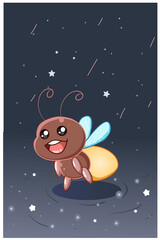 Cute and happy firefly in the night sky cartoon illustration