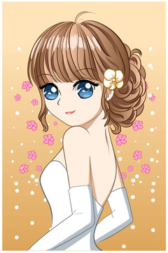 Beautiful and happy girl wearing wedding dress cartoon illustration