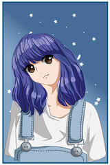 Cute and beautiful girl short purple hair cartoon illustration