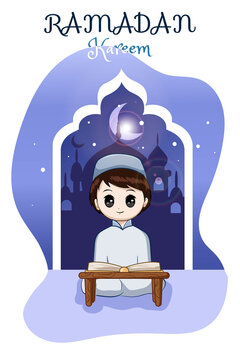 Little muslim boy reading a book in at ramadan kareem cartoon illustration  Stock Vector | Adobe Stock