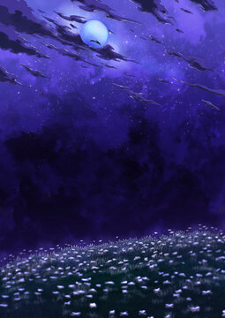 Night beautiful anime hills scenery landscape full of stars Stock  Illustration | Adobe Stock
