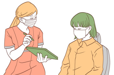 マスクで治療・施術の説明をするスタッフ（シンプルカラーバージョン）