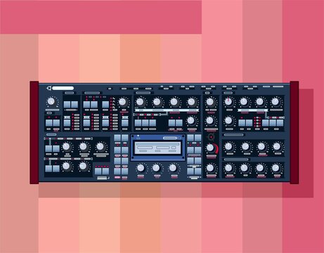 Legendary synthesizers in vector. Groove box, drum machine and synthesizer. Synthesizer analog sound. Synthesizers for applying to a t-shirt. Materials for DJ posters. For drawing the image on the bag