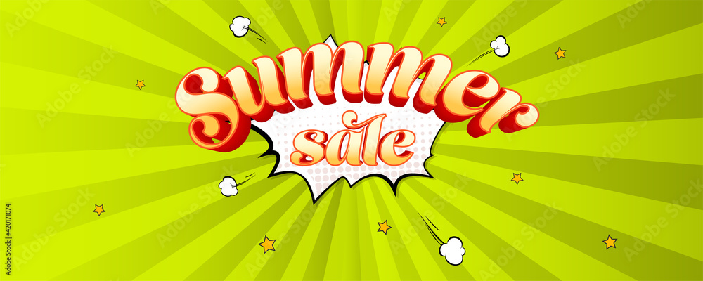 Poster summer sale. volumetric vintage text on speech bubble background. vector cartoon background with ray
