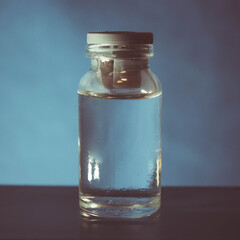 Vaccine in vitro. Medicine in a flask on a blue background.