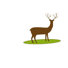 Deer standing with back, shocked gesture on green background, illustration