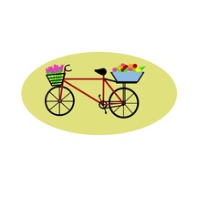 Fototapeta na wymiar Red bicycle with colorful flowers in green ellipse, illustration