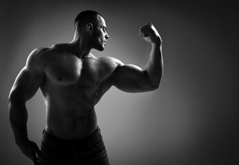 Black and white portrait of brutal strong man athlete in jeans and half naked shirtless standing showing strong huge pumped up biceps over grey background. Sport men body concept