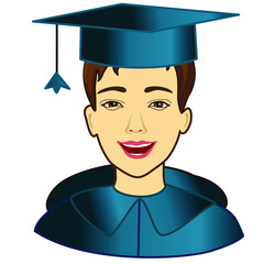 emoji with happy graduate student, guy wearing a graduation hat, funny cartoon character with simplistic facial expression, simple hand drawn vector emoticon