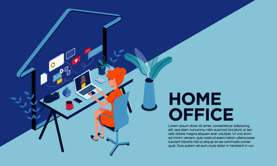 Mujer trabajando en casa. Freelance trabajando en computadora. Concepto Home Office. Trabajo remoto.