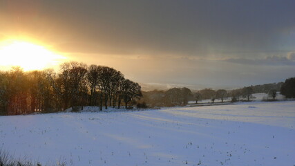 Snowy sunset over the Tyne Valley, Northumberland, England